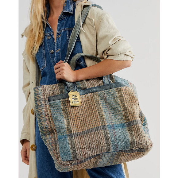 NEW FREE PEOPLE WE THE FREE BLUE GREEN SASHIKO TOTE BAG - Picture 12 of 13